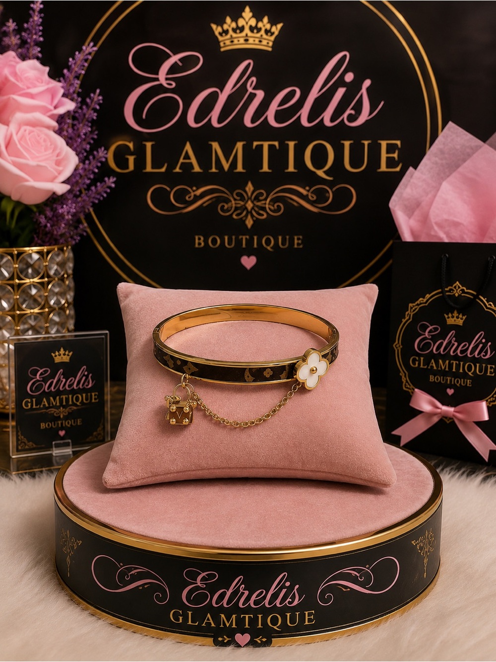 Edrelis GlamTique Gold & Brown Flower Charm Bangle Bracelet in Stainless Steel